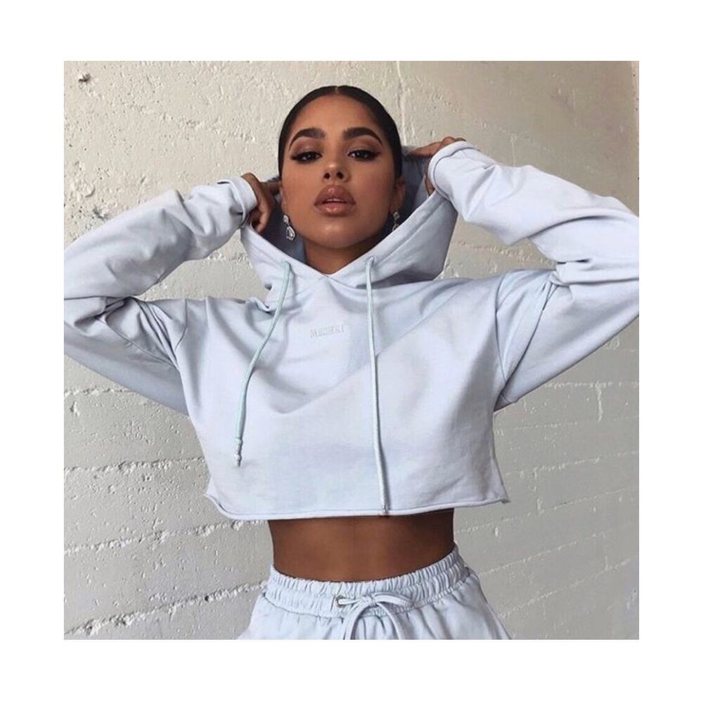 Meshki Cropped Hoodie White Minimal Logo Drawstring Sweatshirt Womens Medium